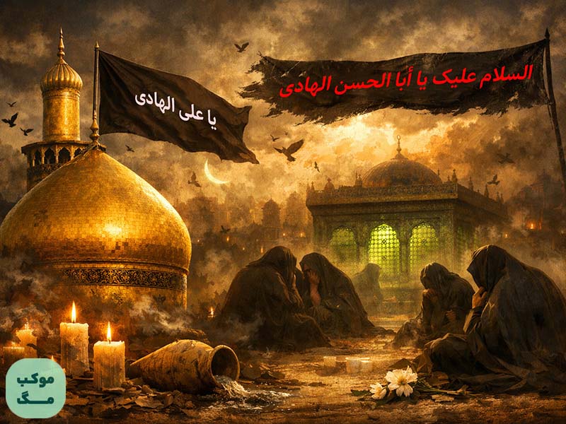 تصویر افقی عزاداری شهادت امام هادی علیه‌السلام با پرچم‌های مشکی، شمع‌ها و فضایی معنوی و سوگوارانه